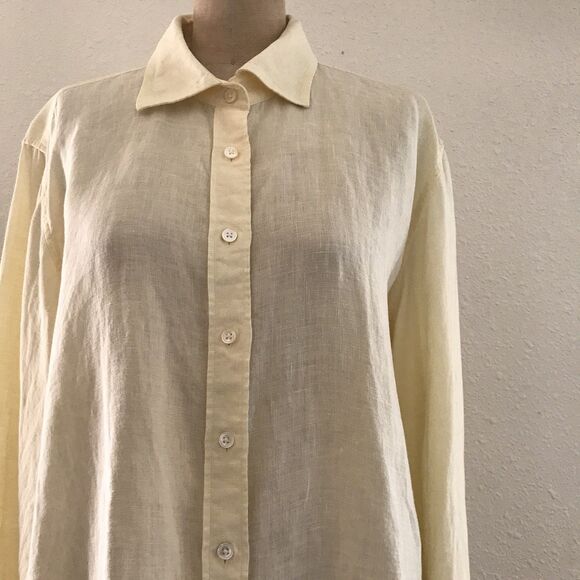 Lands End Butter Yellow Pastel Linen Long Sleeve Casual Summer Coastal Shirt - L - Picture 2 of 9